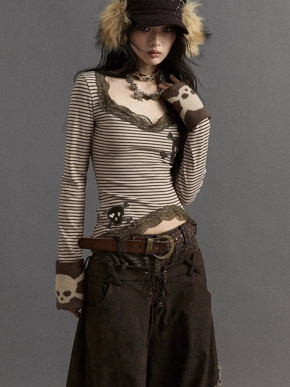 NO ROMANCE Slim V Neck Striped Punk Knit Long Sleeve Women Cotton Stretch T-Shirt