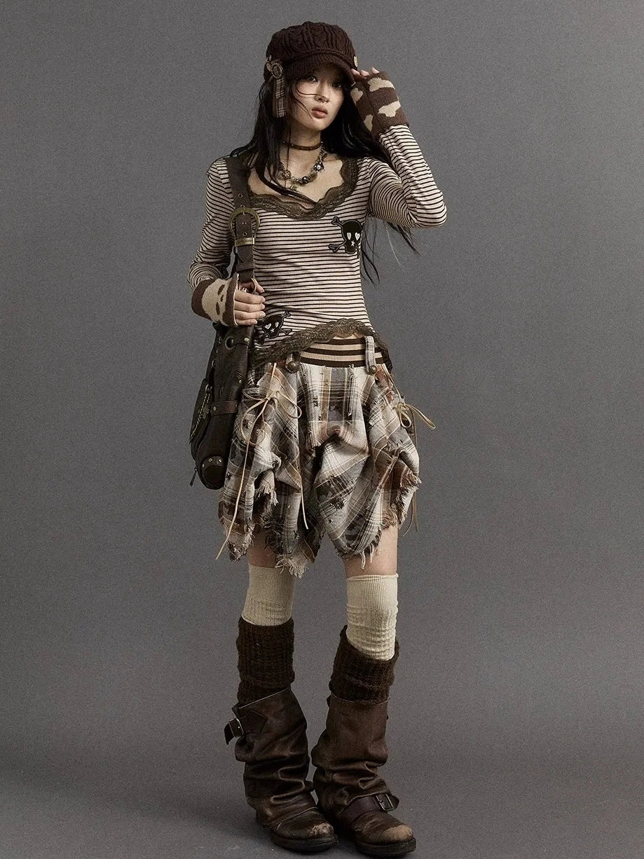 NO ROMANCE Slim V Neck Striped Punk Knit Long Sleeve Women Cotton Stretch T-Shirt