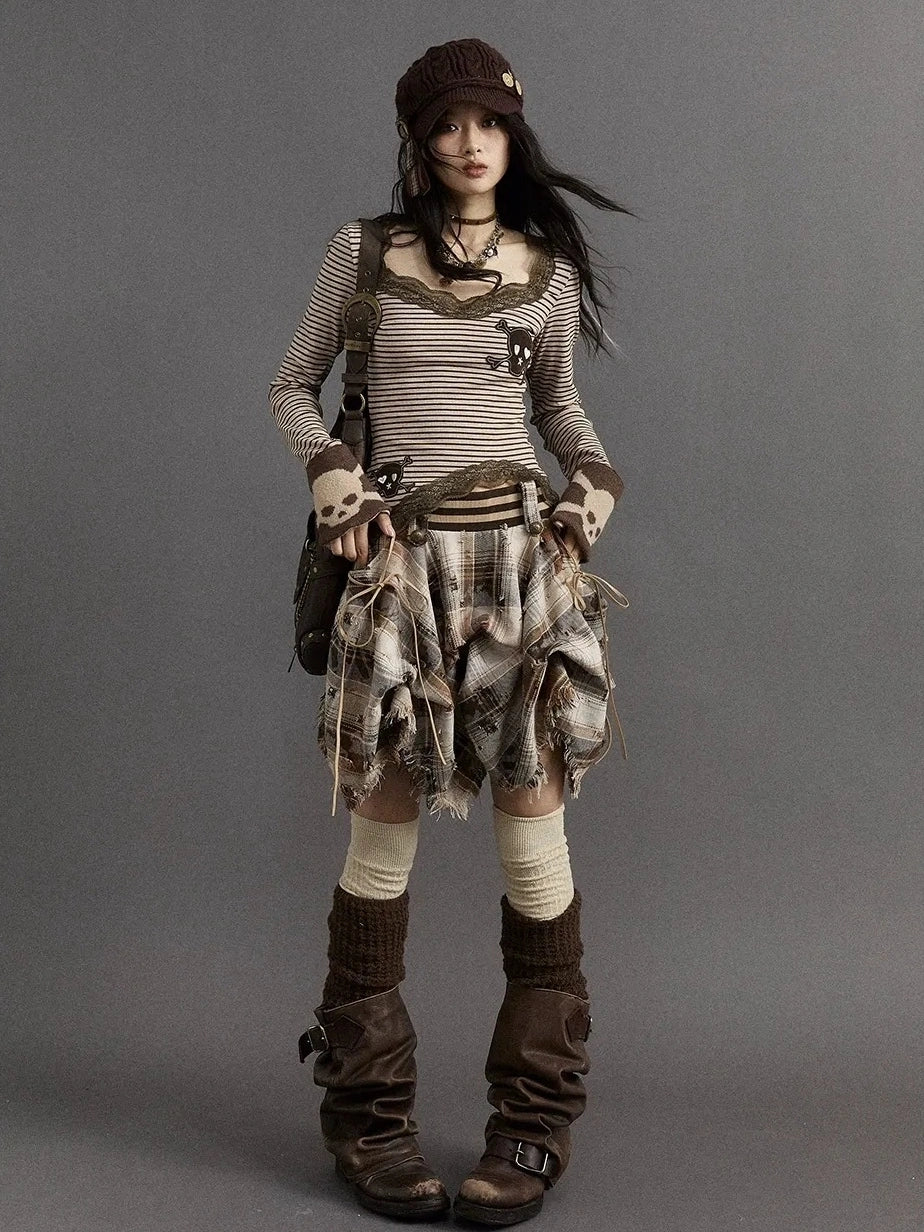 NO ROMANCE Slim V Neck Striped Punk Knit Long Sleeve Women Cotton Stretch T-Shirt