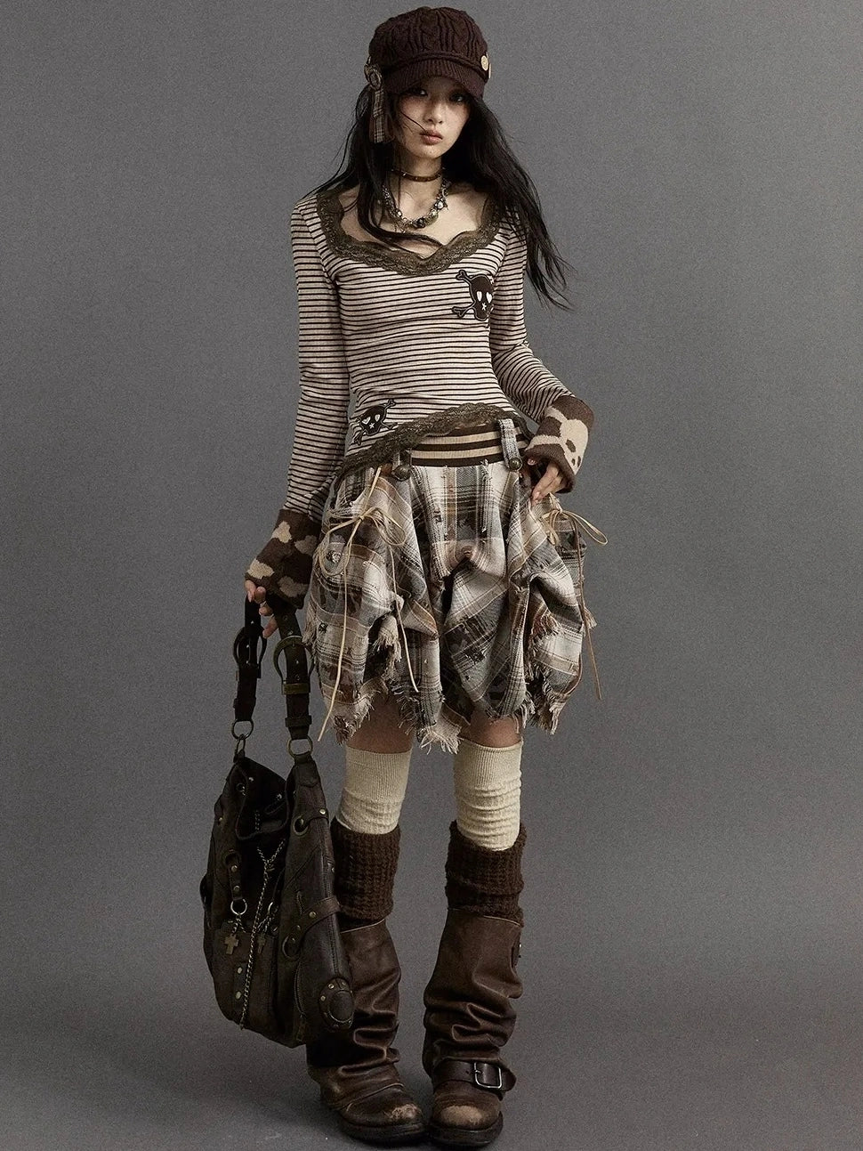 NO ROMANCE Slim V Neck Striped Punk Knit Long Sleeve Women Cotton Stretch T-Shirt