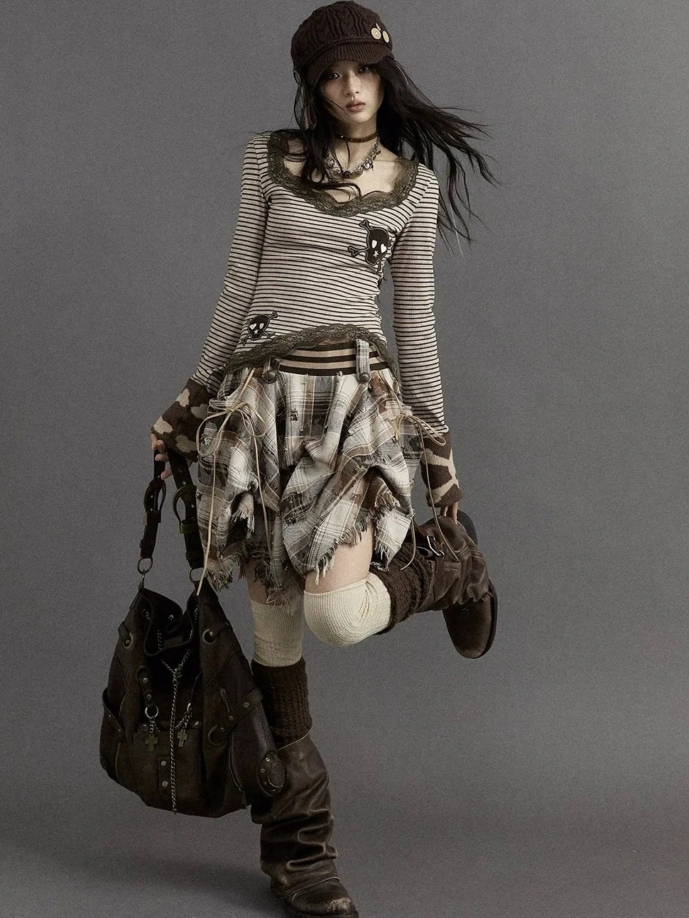 NO ROMANCE Slim V Neck Striped Punk Knit Long Sleeve Women Cotton Stretch T-Shirt