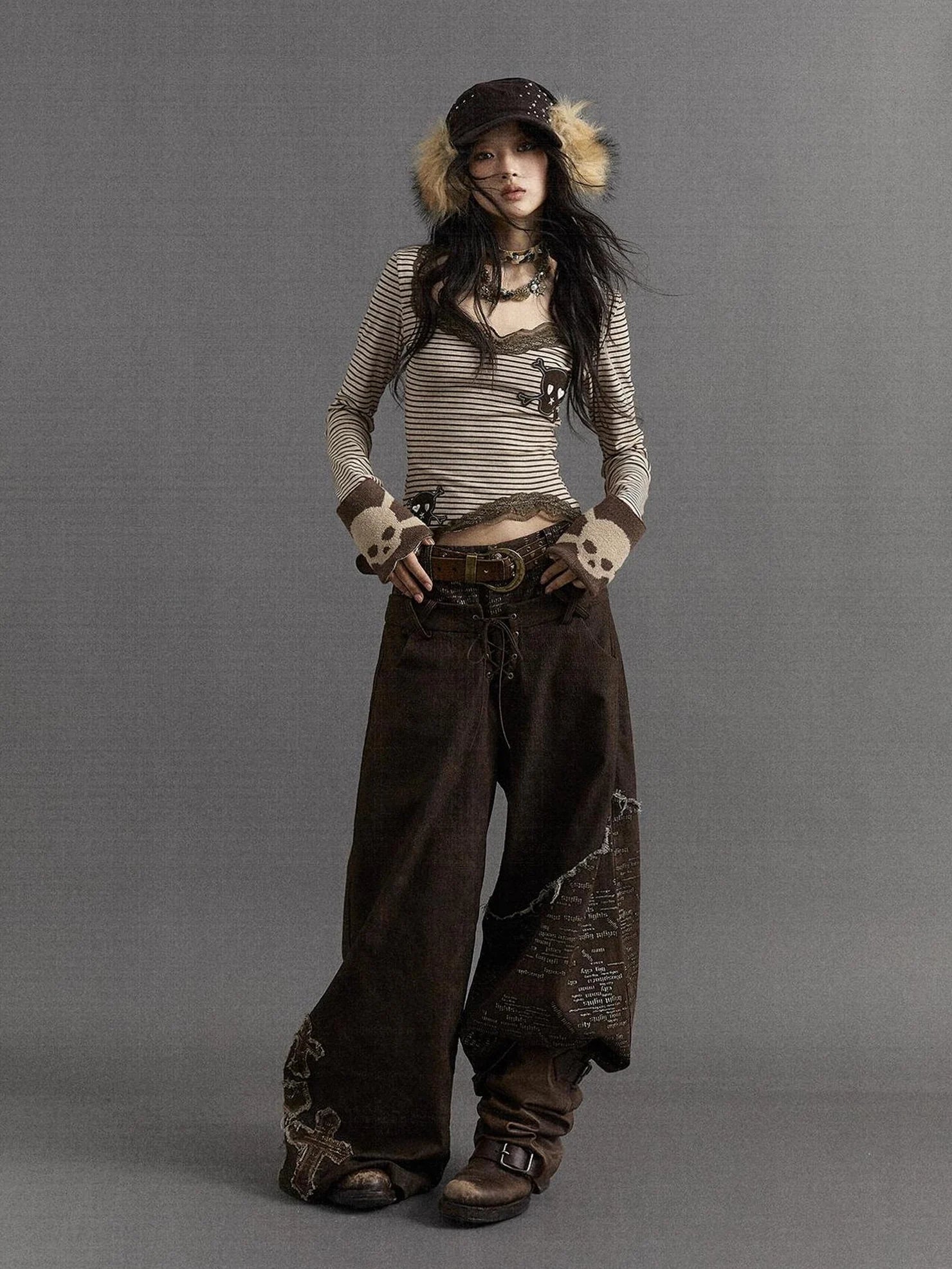 NO ROMANCE Slim V Neck Striped Punk Knit Long Sleeve Women Cotton Stretch T-Shirt