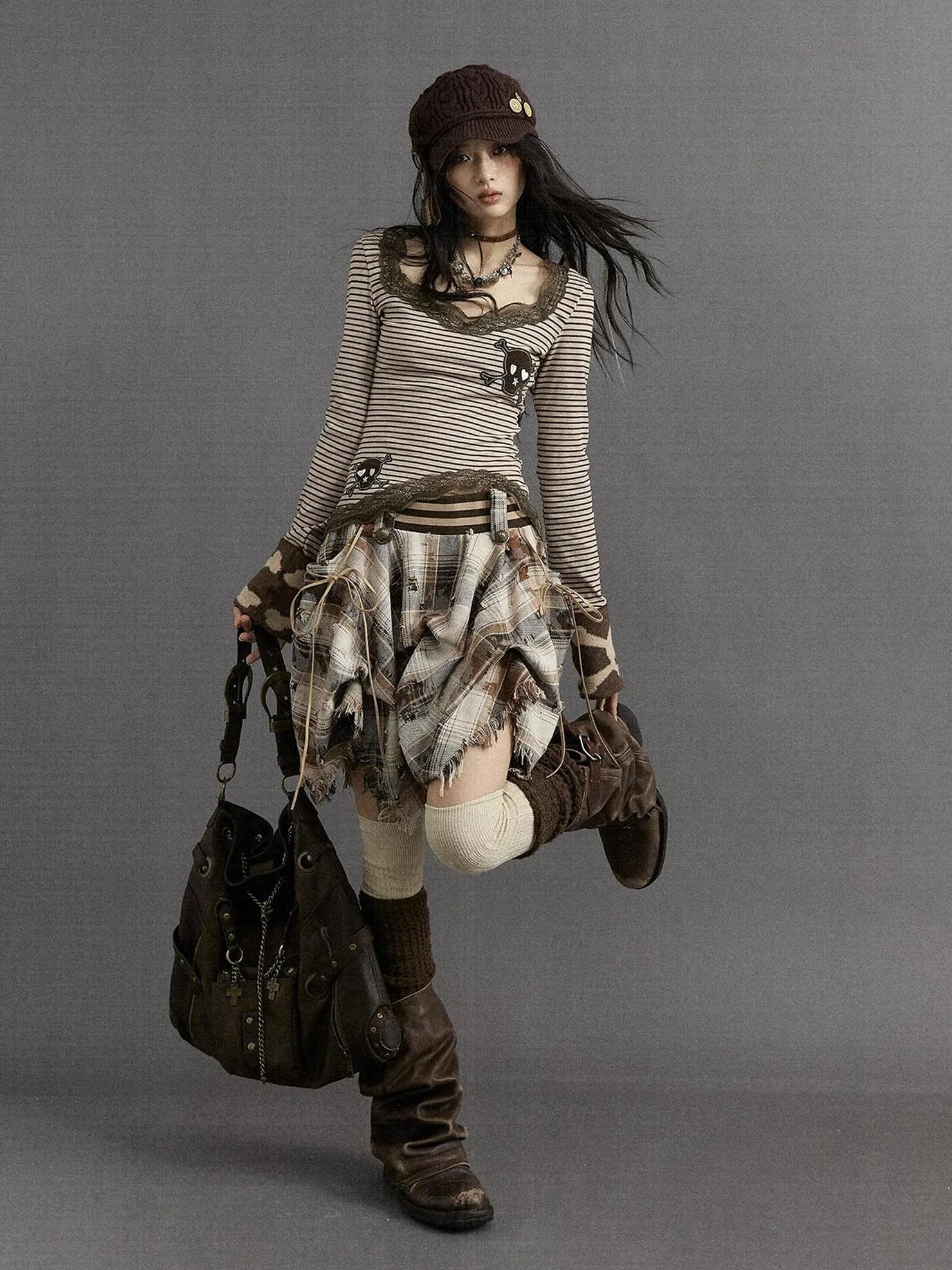 NO ROMANCE Slim V Neck Striped Punk Knit Long Sleeve Women Cotton Stretch T-Shirt