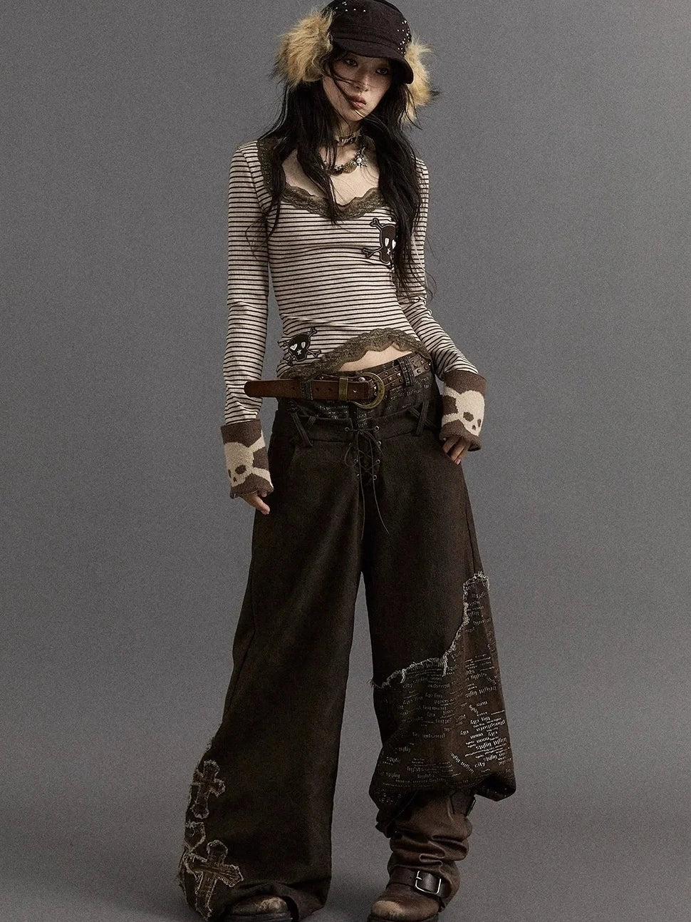 NO ROMANCE Slim V Neck Striped Punk Knit Long Sleeve Women Cotton Stretch T-Shirt