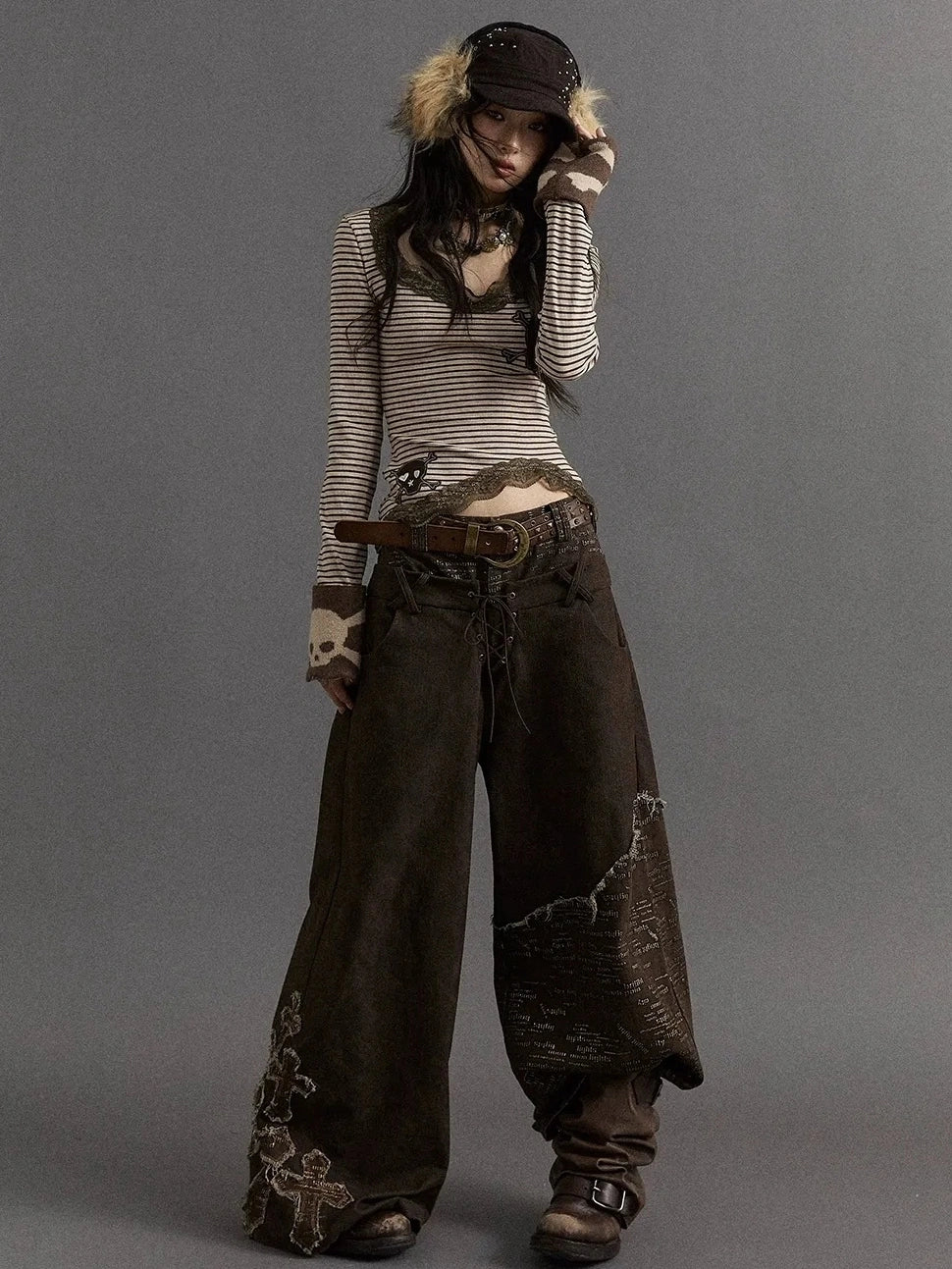 NO ROMANCE Slim V Neck Striped Punk Knit Long Sleeve Women Cotton Stretch T-Shirt