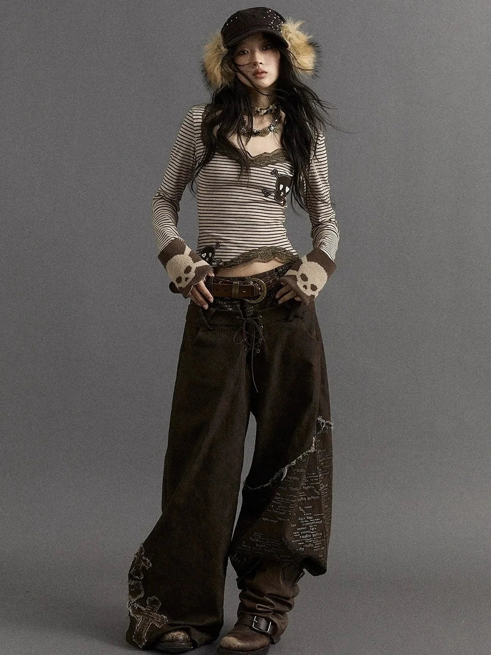 NO ROMANCE Slim V Neck Striped Punk Knit Long Sleeve Women Cotton Stretch T-Shirt