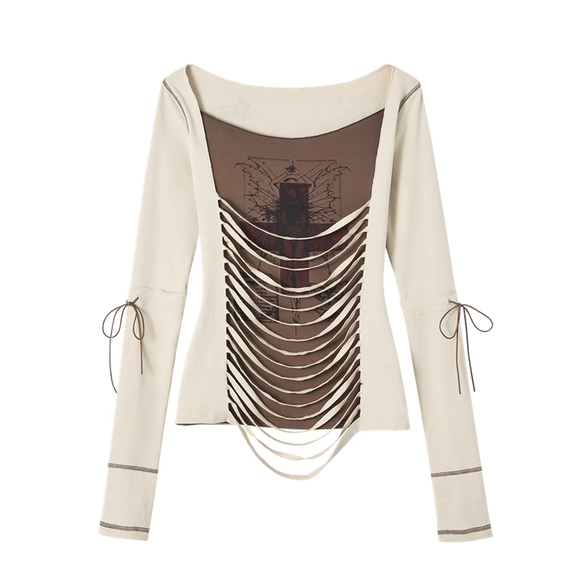 NO_ROMANCE_Soft_Cotton_Blend_Long_Sleeve_Cross_Print_Fake_Layered_Drawstring_Women_T-Shirt_MISSTT