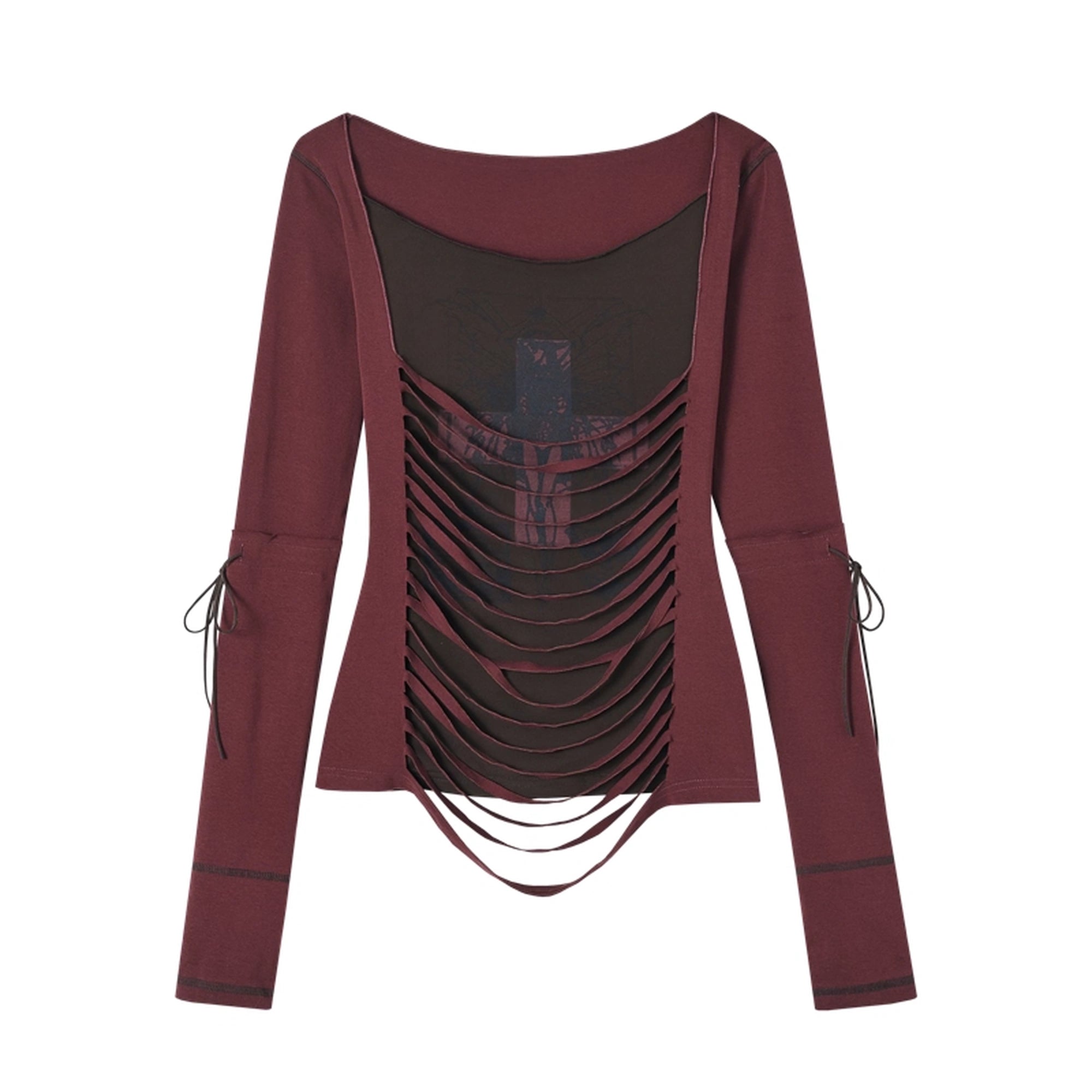 NO_ROMANCE_Soft_Cotton_Blend_Long_Sleeve_Cross_Print_Fake_Layered_Drawstring_Women_T-Shirt_MISSTT