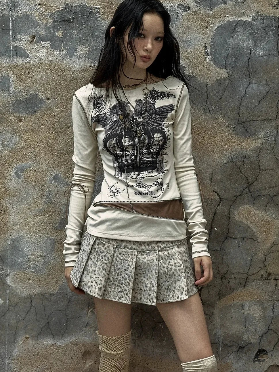 NO ROMANCE Soft Cotton Blend Long Sleeve Cross Print Fake Layered Drawstring Women T-Shirt