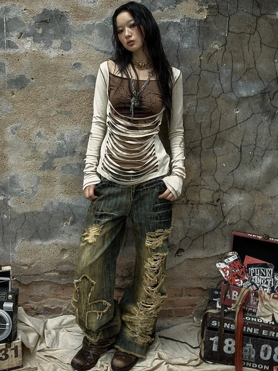 NO ROMANCE Soft Cotton Blend Long Sleeve Cross Print Fake Layered Drawstring Women T-Shirt