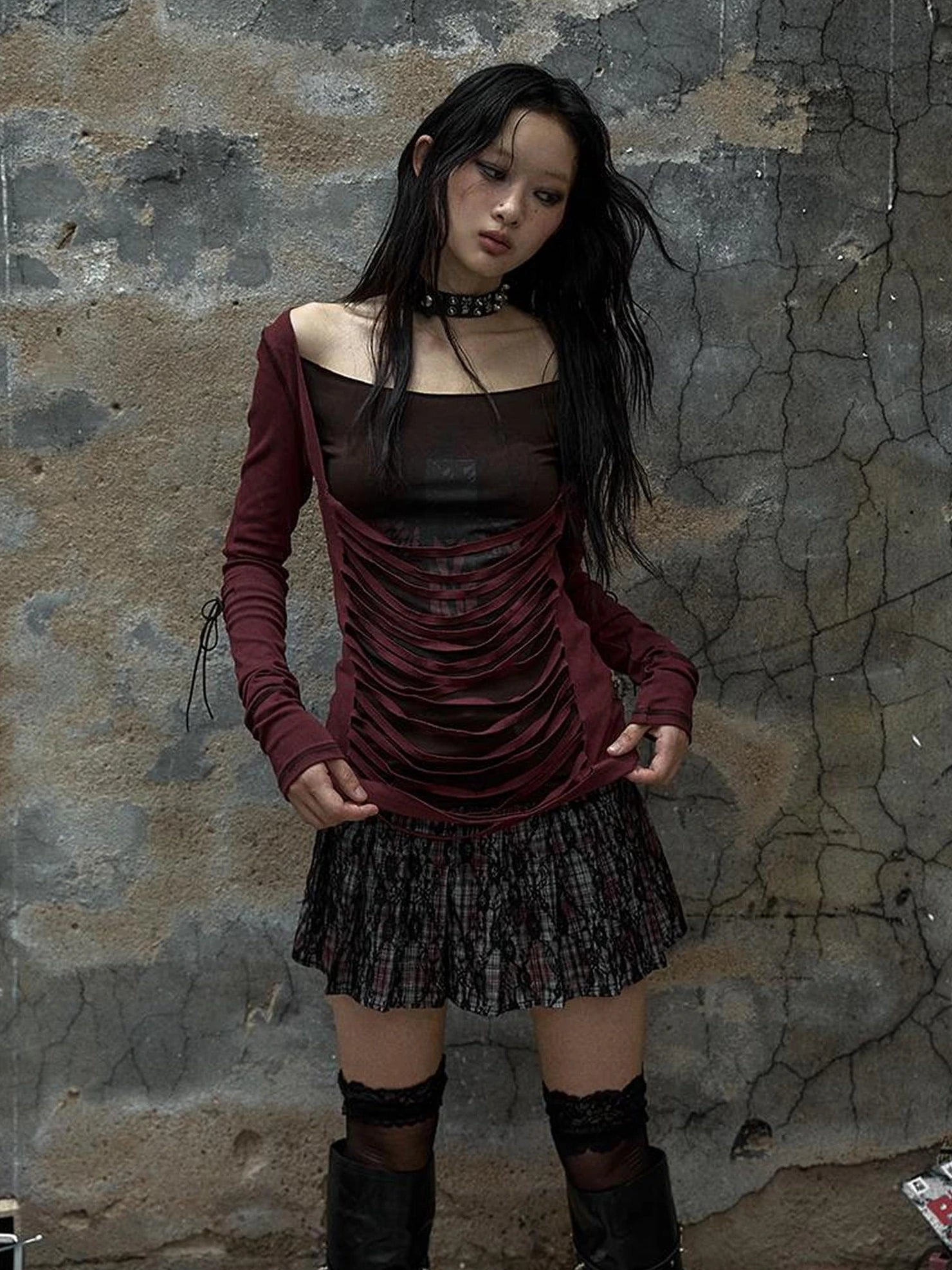 NO ROMANCE Soft Cotton Blend Long Sleeve Cross Print Fake Layered Drawstring Women T-Shirt