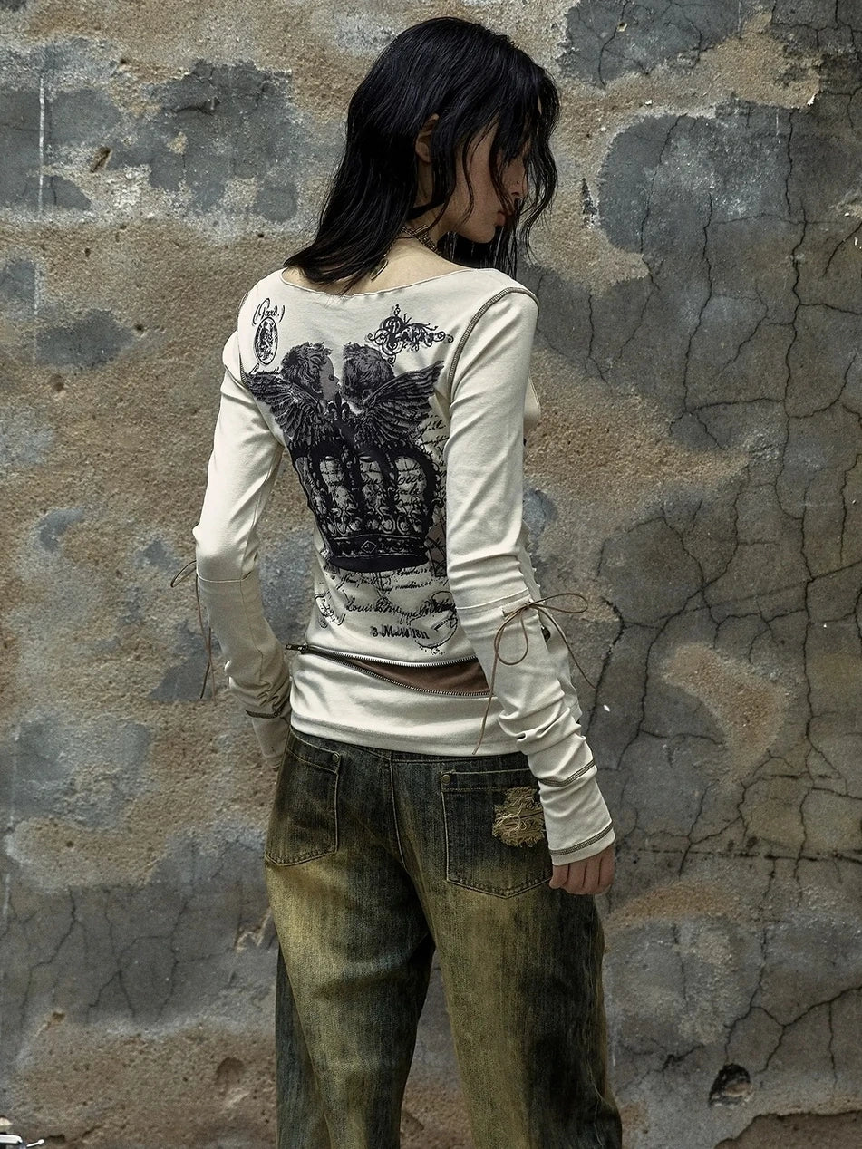 NO ROMANCE Soft Cotton Blend Long Sleeve Cross Print Fake Layered Drawstring Women T-Shirt