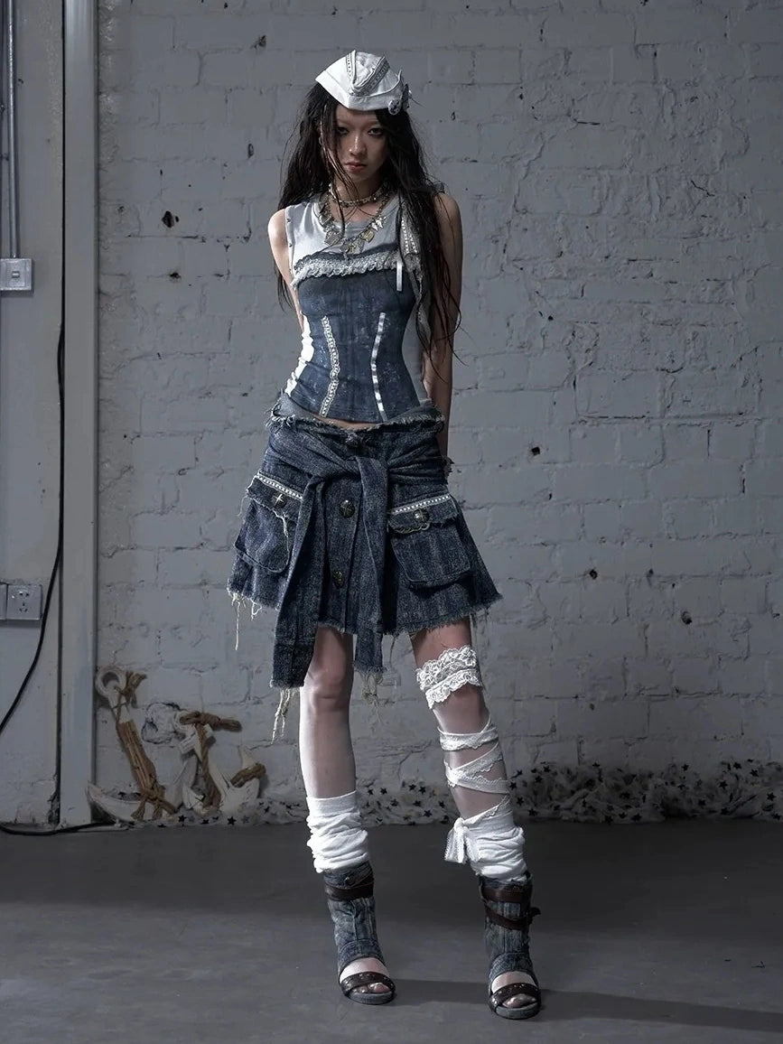 NO ROMANCE Soft Cotton Blend Low Waist Pleated Relaxed Fit Women Casual Heather Blue Skirt