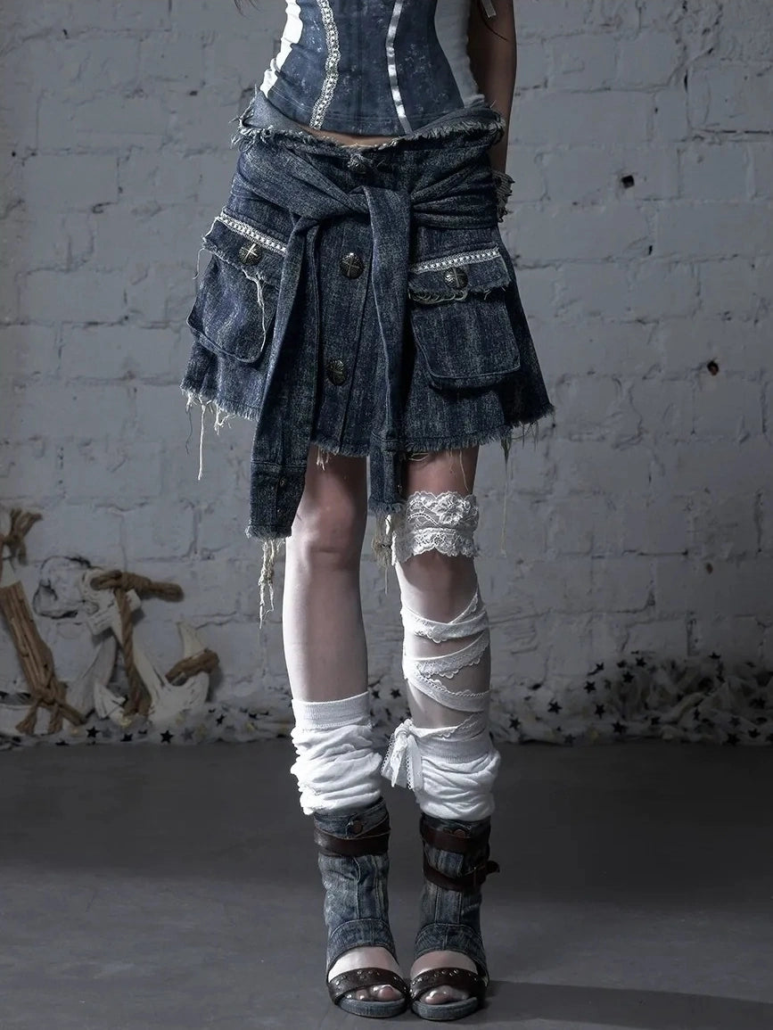 NO ROMANCE Soft Cotton Blend Low Waist Pleated Relaxed Fit Women Casual Heather Blue Skirt