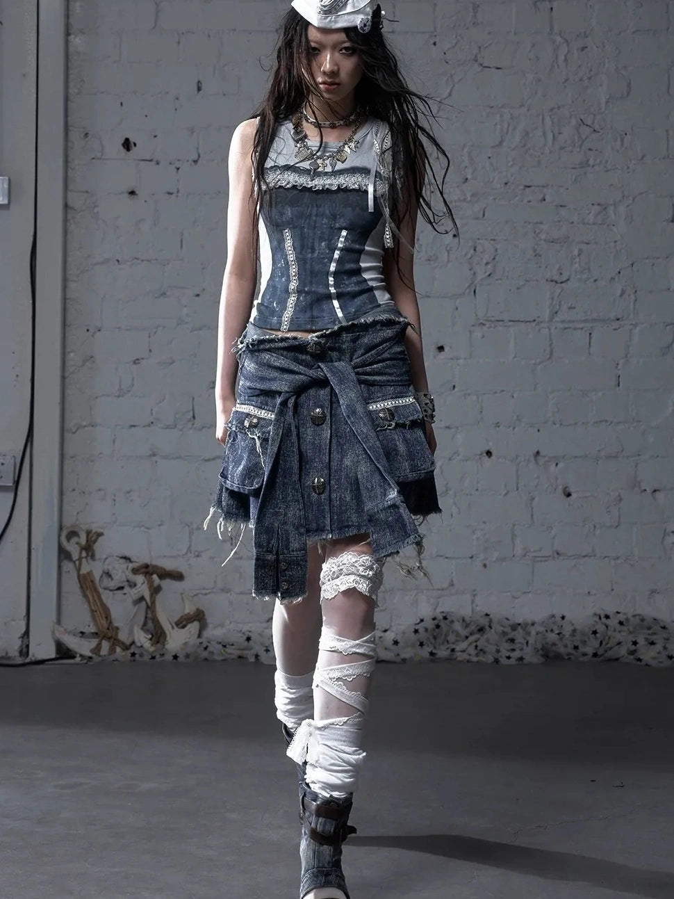 NO ROMANCE Soft Cotton Blend Low Waist Pleated Relaxed Fit Women Casual Heather Blue Skirt