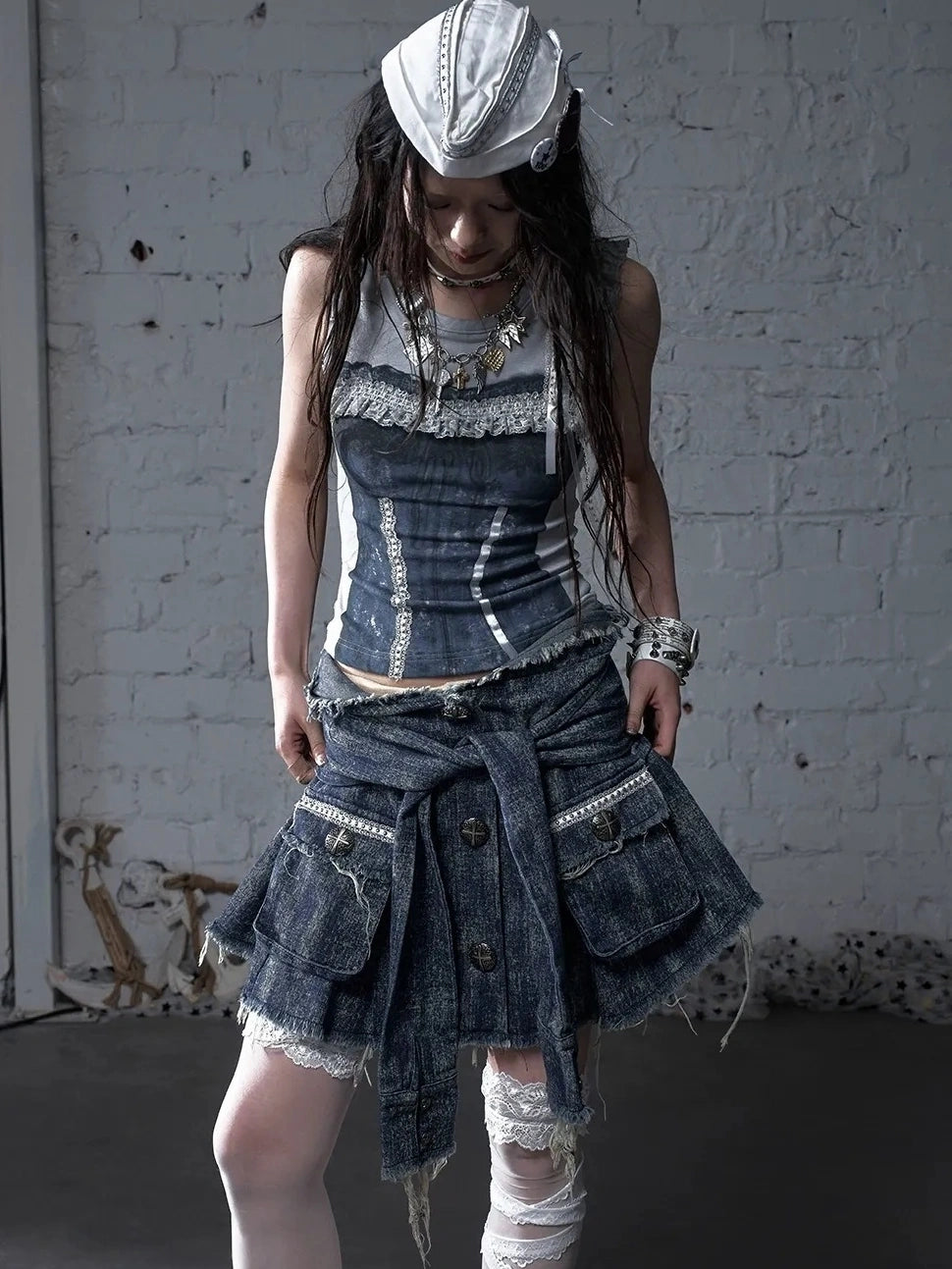 NO ROMANCE Soft Cotton Blend Low Waist Pleated Relaxed Fit Women Casual Heather Blue Skirt