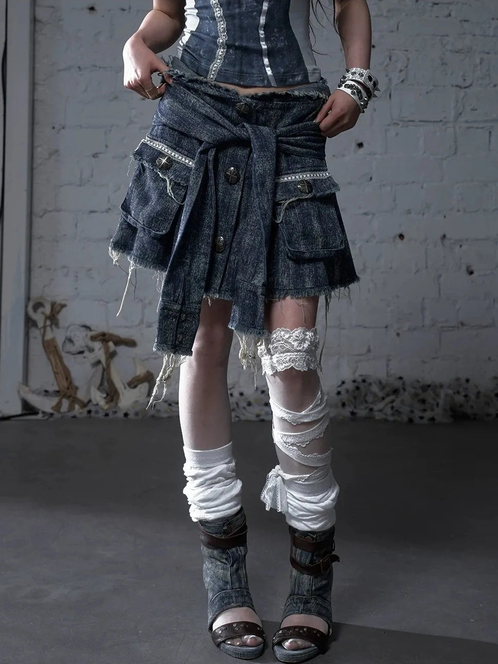 NO ROMANCE Soft Cotton Blend Low Waist Pleated Relaxed Fit Women Casual Heather Blue Skirt