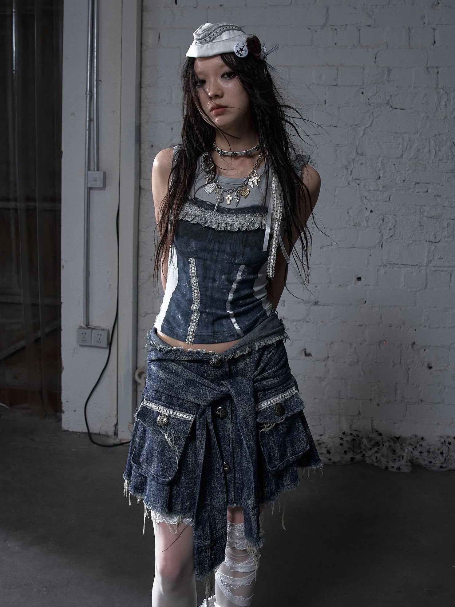 NO ROMANCE Soft Cotton Blend Low Waist Pleated Relaxed Fit Women Casual Heather Blue Skirt