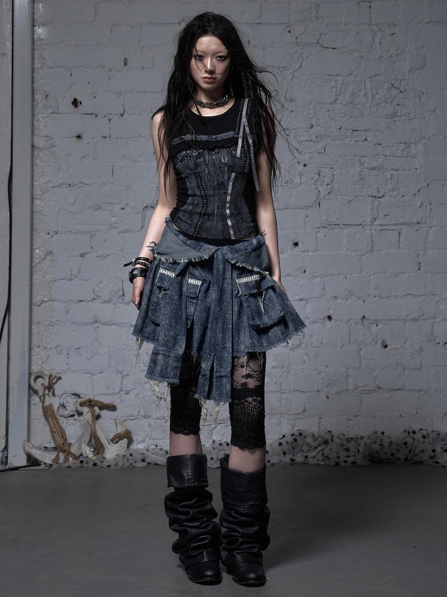 NO ROMANCE Soft Cotton Blend Low Waist Pleated Relaxed Fit Women Casual Heather Blue Skirt