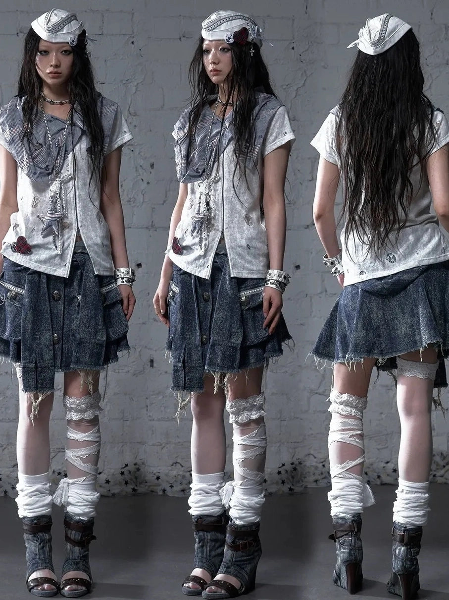 NO ROMANCE Soft Cotton Blend Low Waist Pleated Relaxed Fit Women Casual Heather Blue Skirt