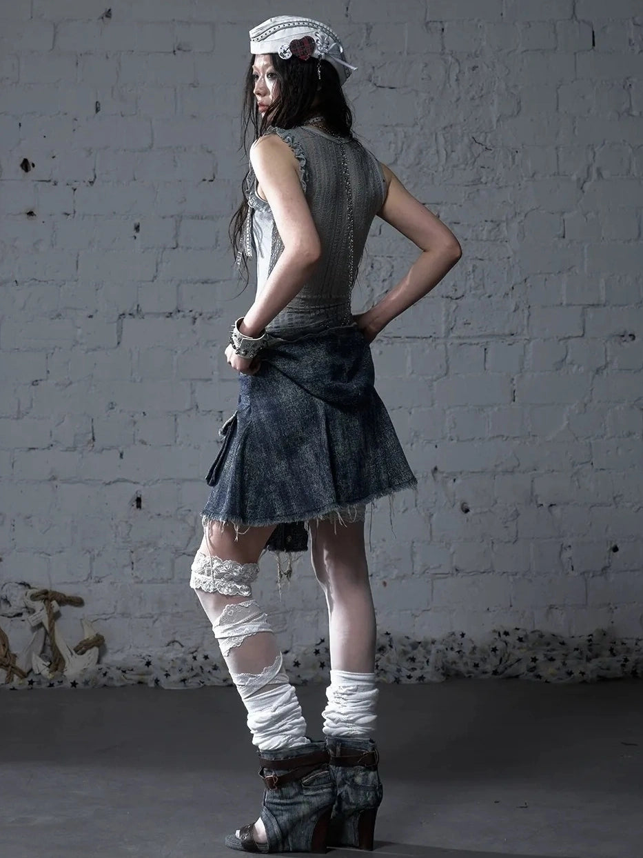 NO ROMANCE Soft Cotton Blend Low Waist Pleated Relaxed Fit Women Casual Heather Blue Skirt