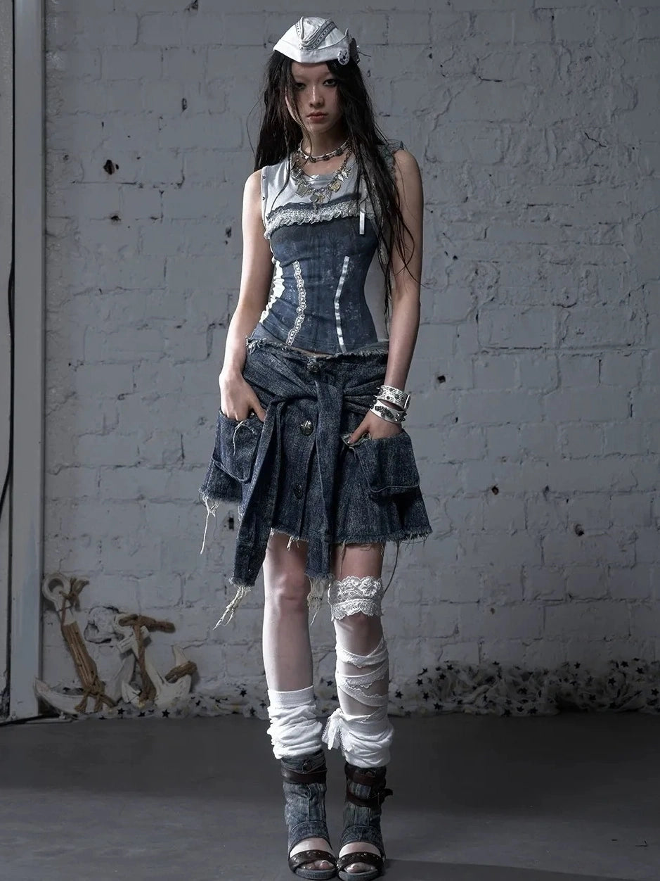 NO ROMANCE Soft Cotton Blend Low Waist Pleated Relaxed Fit Women Casual Heather Blue Skirt