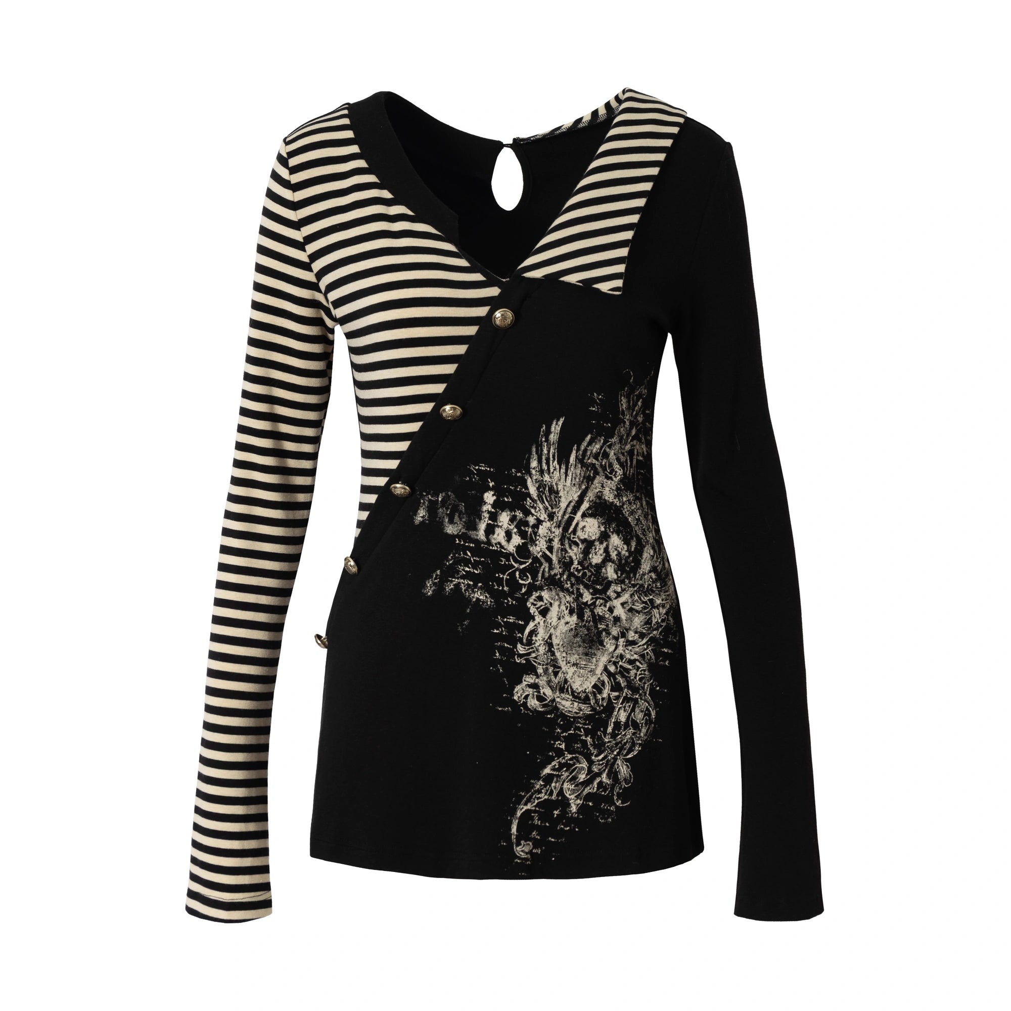 NO_ROMANCE_Soft_Knit_Long_Sleeve_Collared_Striped_Star_Print_Women_Black_Beige_Gray_T-Shirt_MISSTT