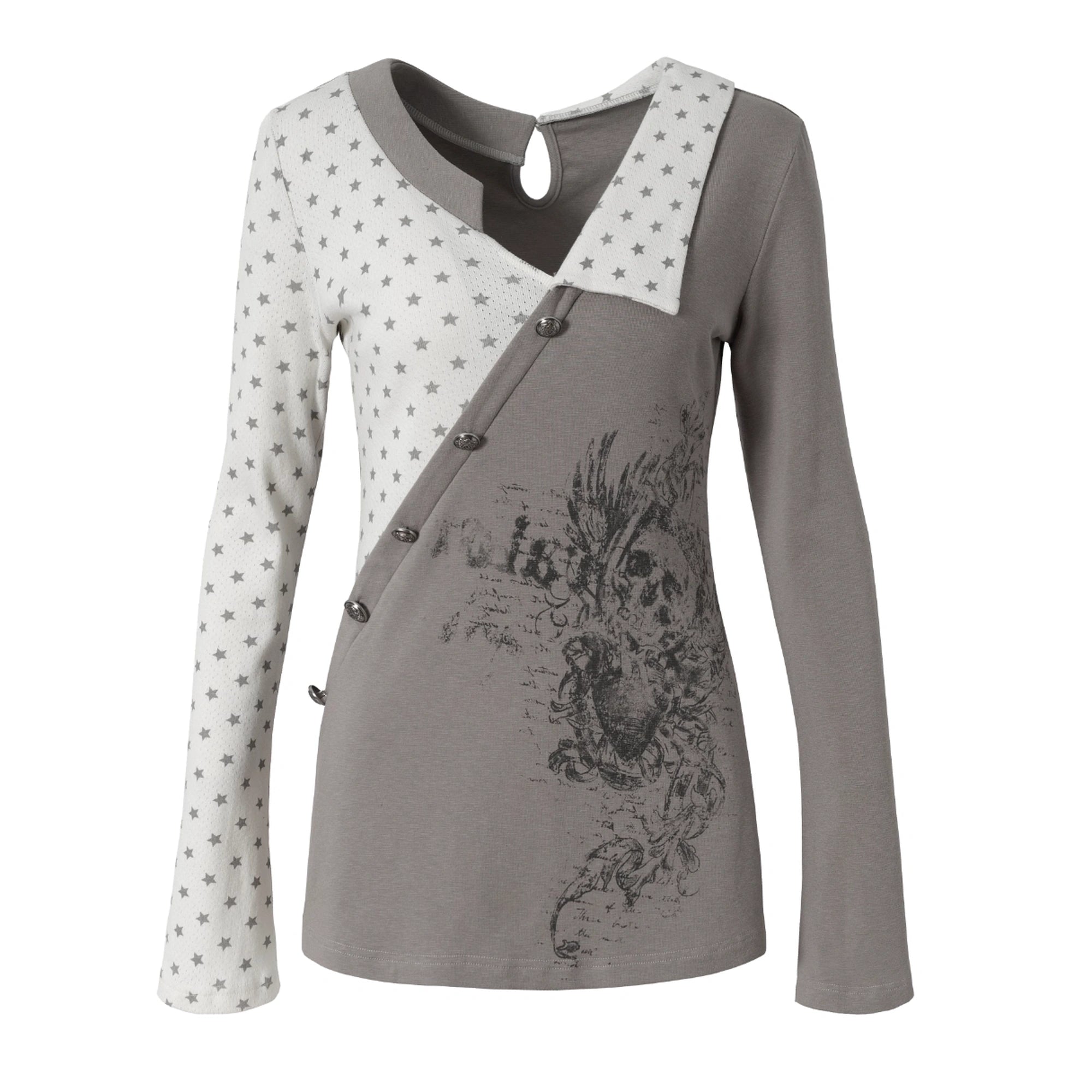 NO_ROMANCE_Soft_Knit_Long_Sleeve_Collared_Striped_Star_Print_Women_Black_Beige_Gray_T-Shirt_MISSTT