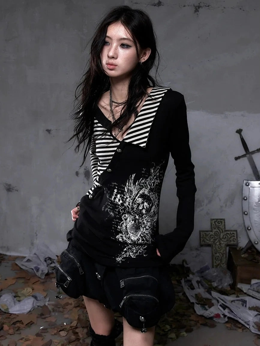 NO ROMANCE Soft Knit Long Sleeve Collared Striped Star Print Women Black Beige Gray T-Shirt