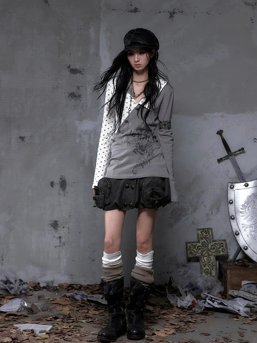 NO ROMANCE Soft Knit Long Sleeve Collared Striped Star Print Women Black Beige Gray T-Shirt