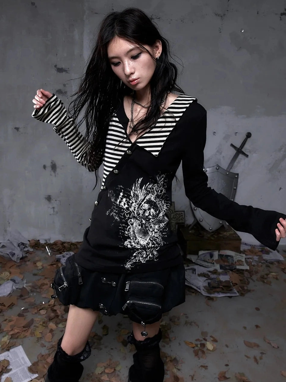 NO ROMANCE Soft Knit Long Sleeve Collared Striped Star Print Women Black Beige Gray T-Shirt