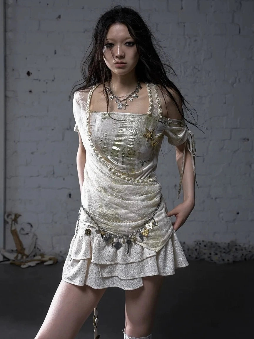 NO ROMANCE Soft Polycotton Loose Fit Asymmetric Neck Short Sleeve Women Beige T-Shirt