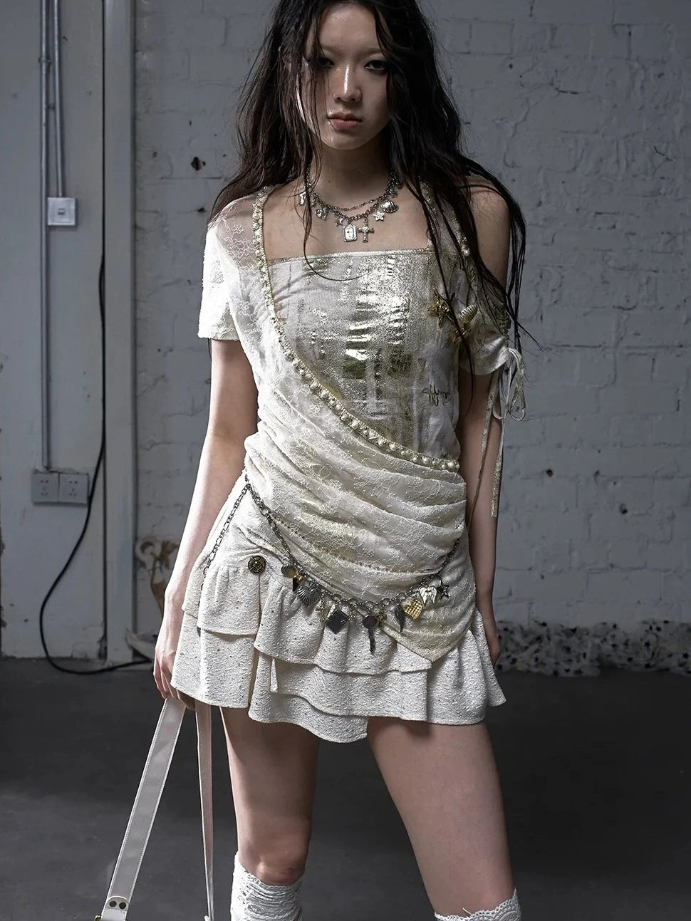 NO ROMANCE Soft Polycotton Loose Fit Asymmetric Neck Short Sleeve Women Beige T-Shirt