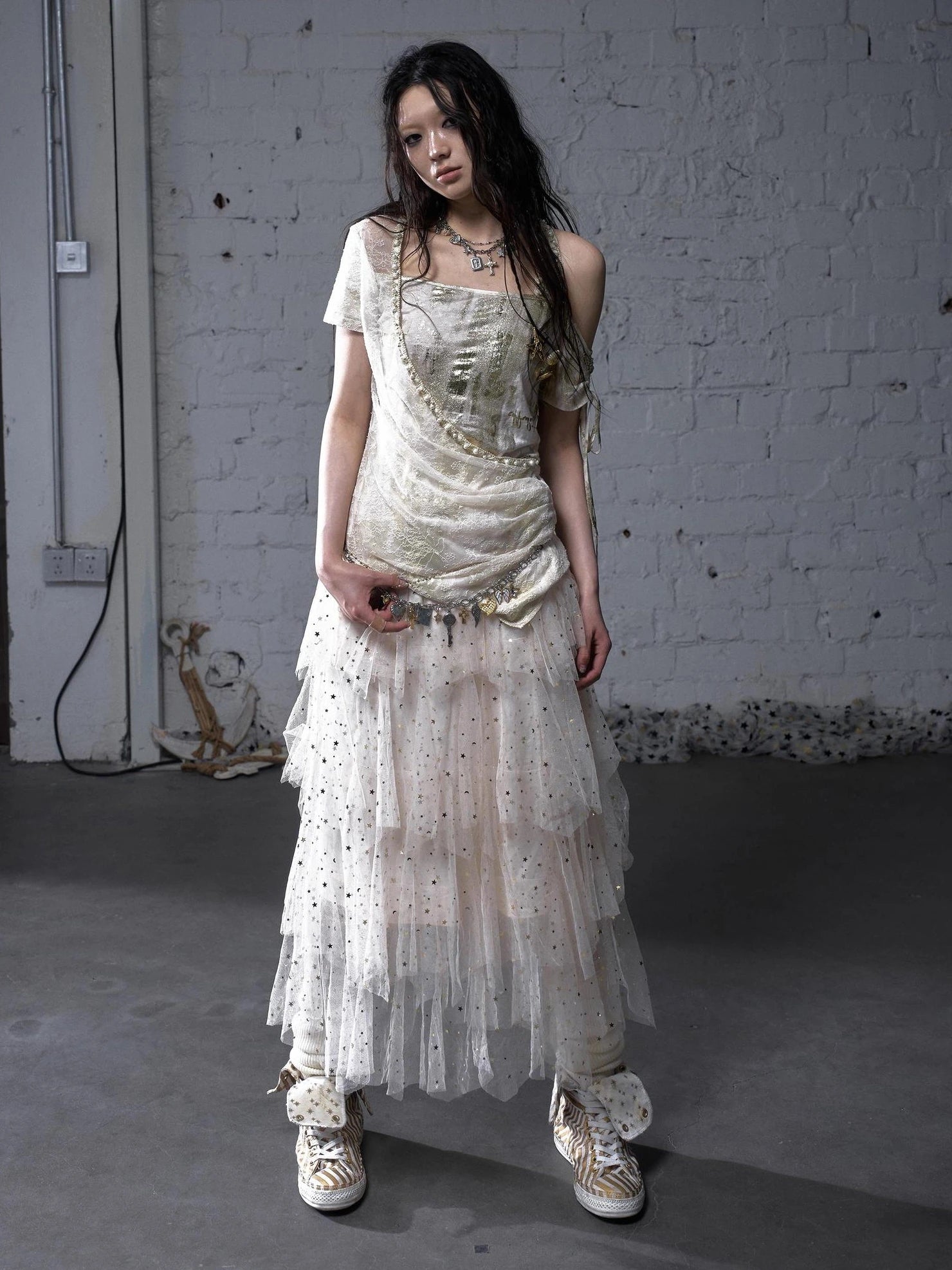 NO ROMANCE Soft Polycotton Loose Fit Asymmetric Neck Short Sleeve Women Beige T-Shirt