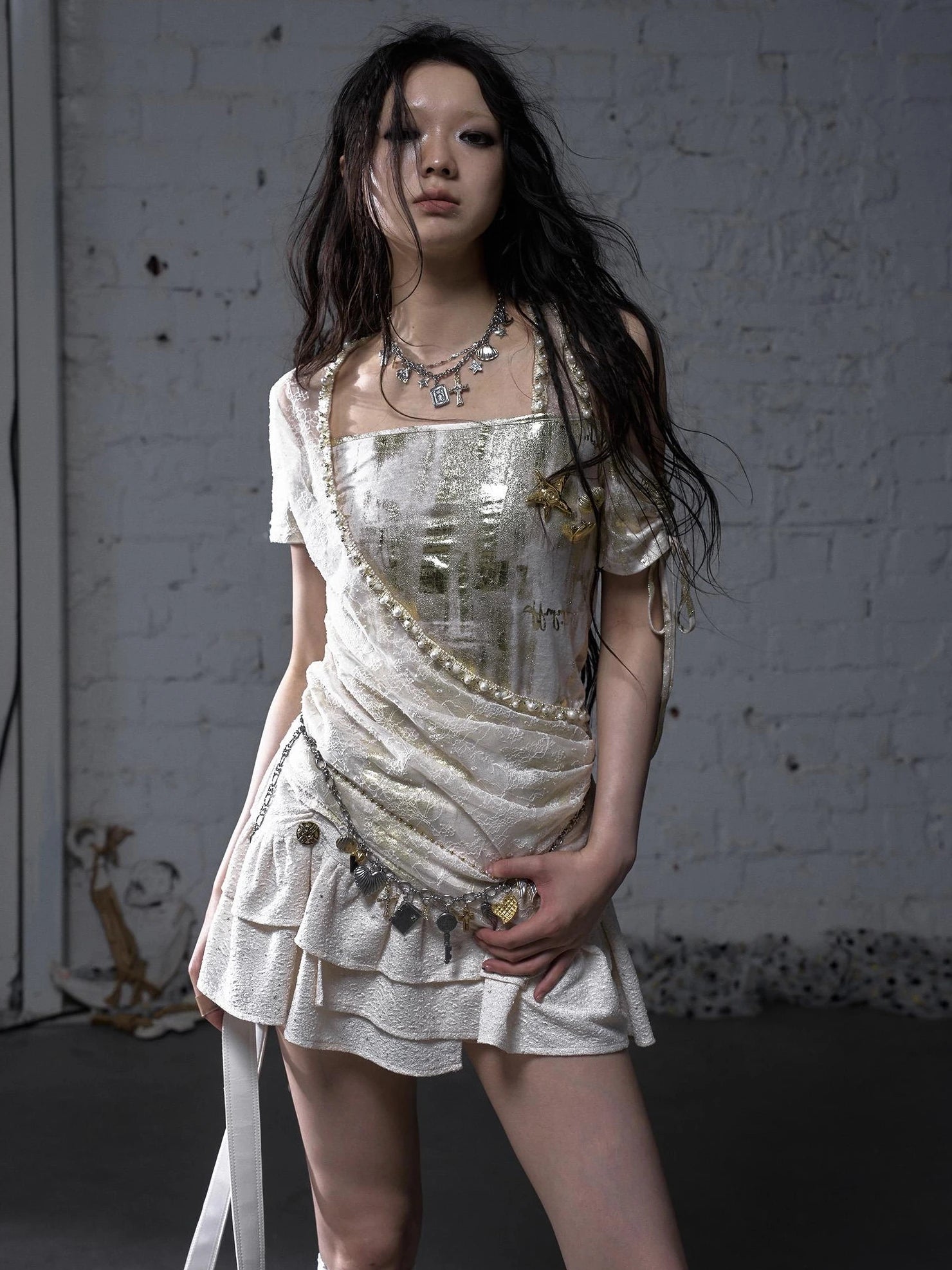 NO ROMANCE Soft Polycotton Loose Fit Asymmetric Neck Short Sleeve Women Beige T-Shirt