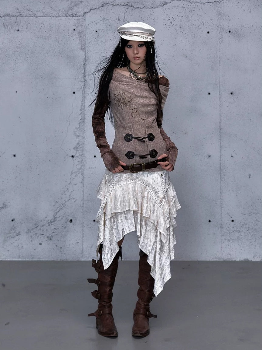 NO ROMANCE Soft Vintage Patchwork Faux Layered Knit Long Sleeve Women Coffee Brown T-Shirt