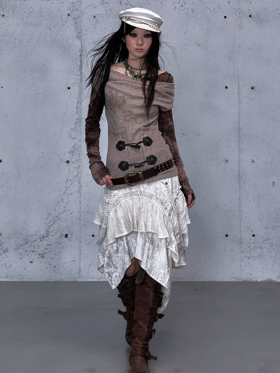 NO ROMANCE Soft Vintage Patchwork Faux Layered Knit Long Sleeve Women Coffee Brown T-Shirt