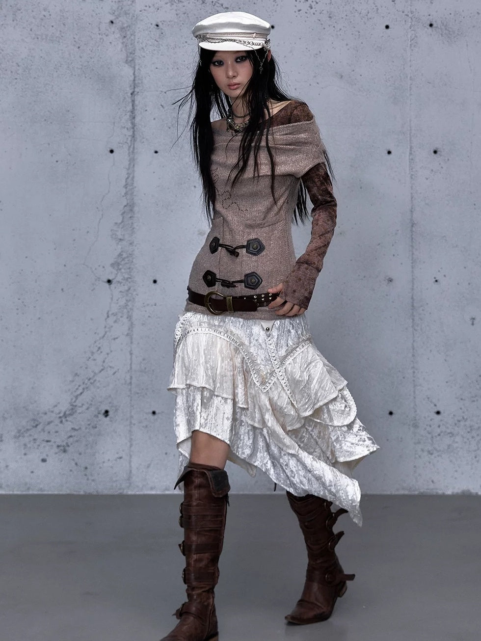 NO ROMANCE Soft Vintage Patchwork Faux Layered Knit Long Sleeve Women Coffee Brown T-Shirt