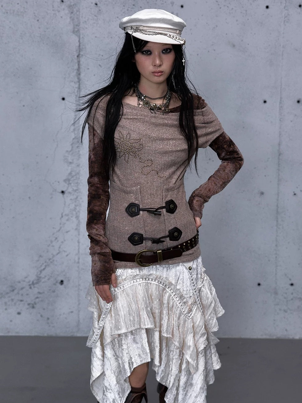 NO ROMANCE Soft Vintage Patchwork Faux Layered Knit Long Sleeve Women Coffee Brown T-Shirt