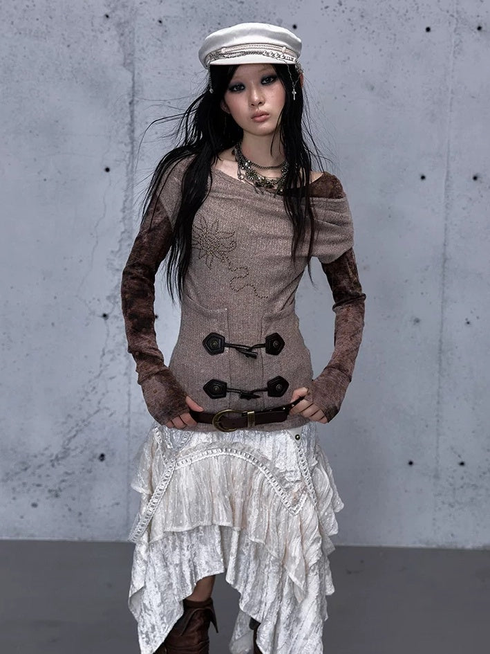 NO ROMANCE Soft Vintage Patchwork Faux Layered Knit Long Sleeve Women Coffee Brown T-Shirt