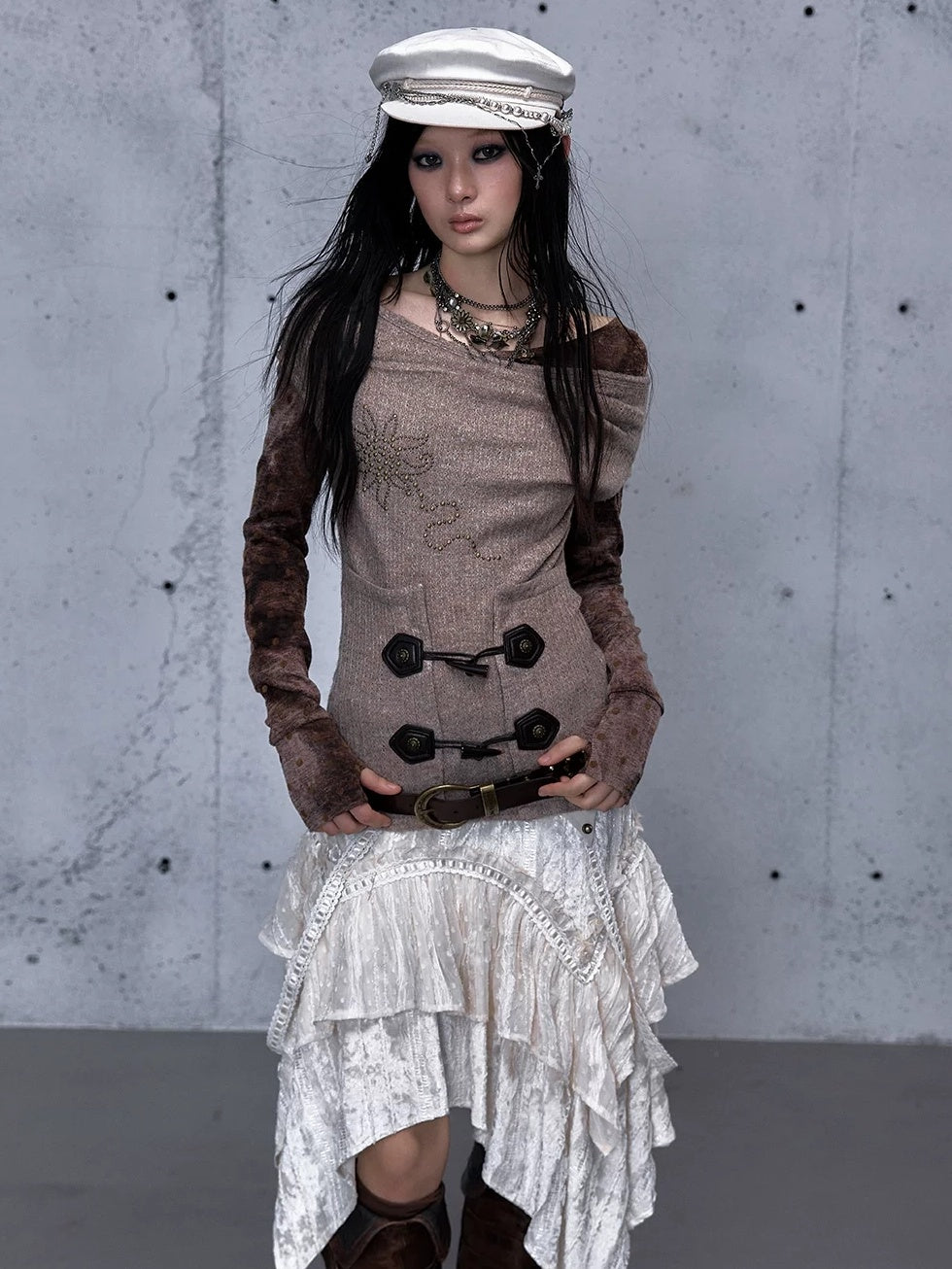 NO ROMANCE Soft Vintage Patchwork Faux Layered Knit Long Sleeve Women Coffee Brown T-Shirt