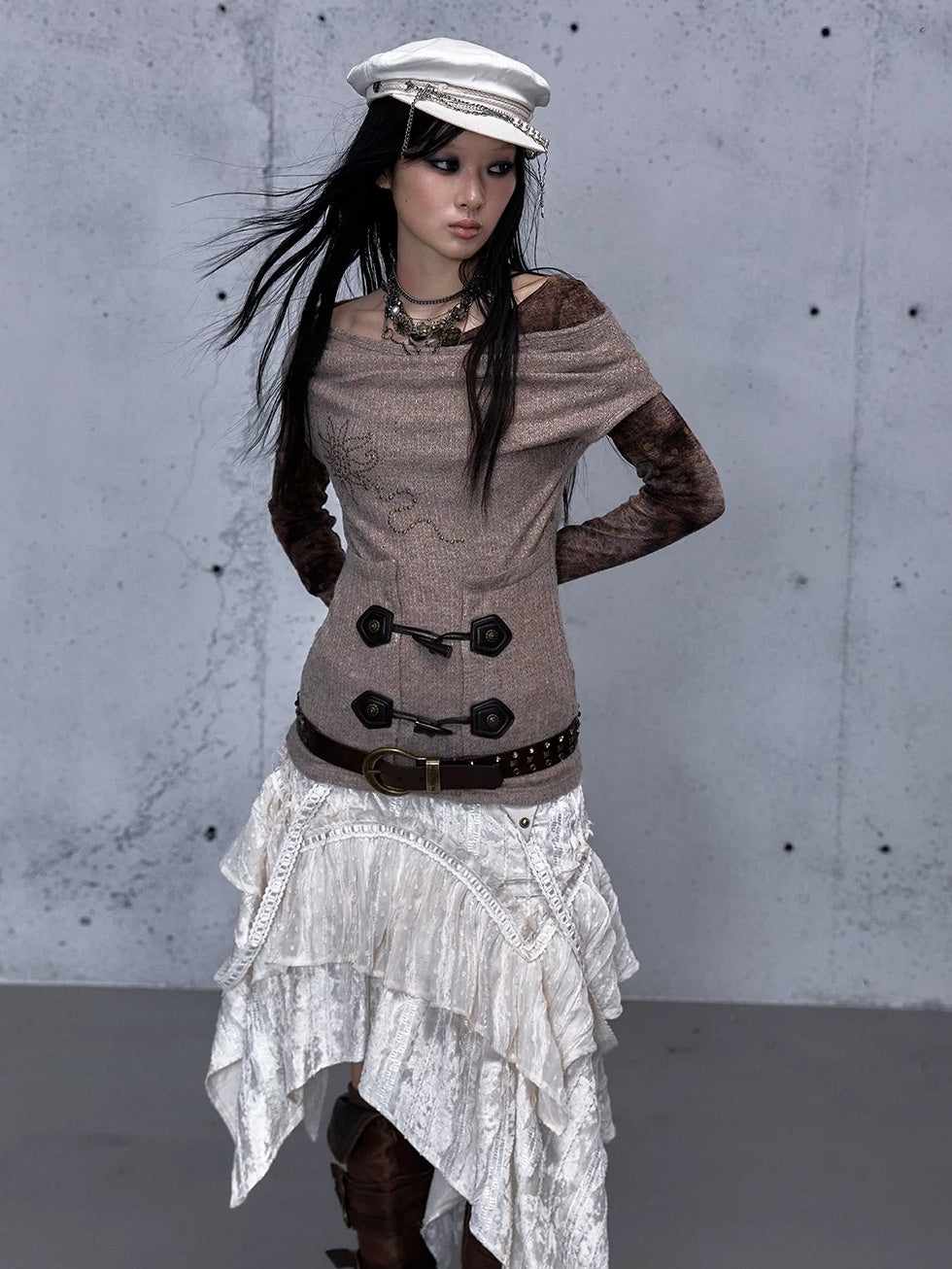 NO ROMANCE Soft Vintage Patchwork Faux Layered Knit Long Sleeve Women Coffee Brown T-Shirt