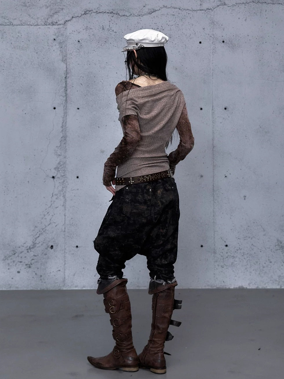 NO ROMANCE Soft Vintage Patchwork Faux Layered Knit Long Sleeve Women Coffee Brown T-Shirt