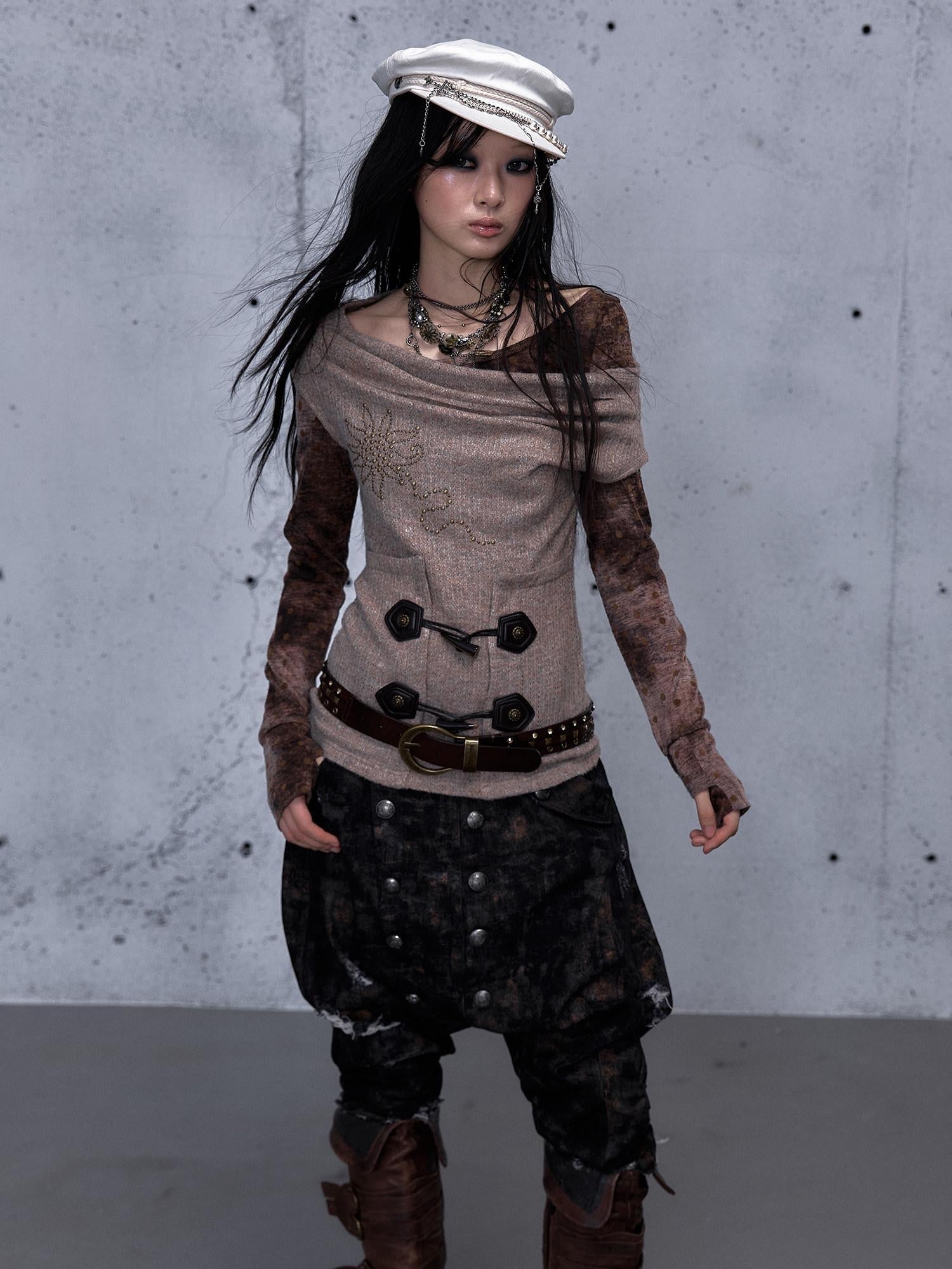 NO ROMANCE Soft Vintage Patchwork Faux Layered Knit Long Sleeve Women Coffee Brown T-Shirt