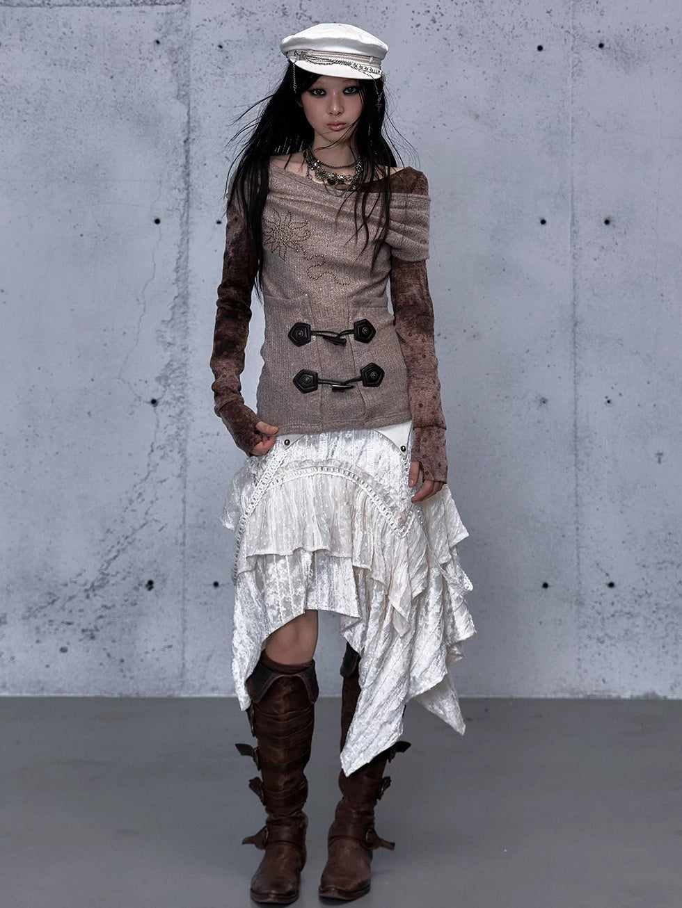 NO ROMANCE Soft Vintage Patchwork Faux Layered Knit Long Sleeve Women Coffee Brown T-Shirt