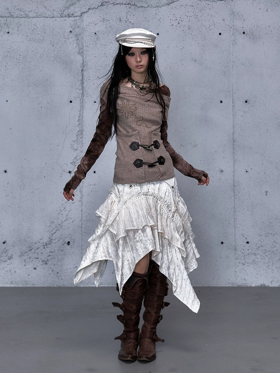 NO ROMANCE Soft Vintage Patchwork Faux Layered Knit Long Sleeve Women Coffee Brown T-Shirt