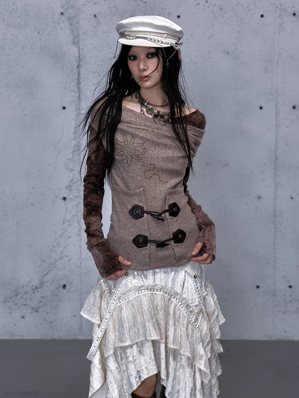 NO ROMANCE Soft Vintage Patchwork Faux Layered Knit Long Sleeve Women Coffee Brown T-Shirt