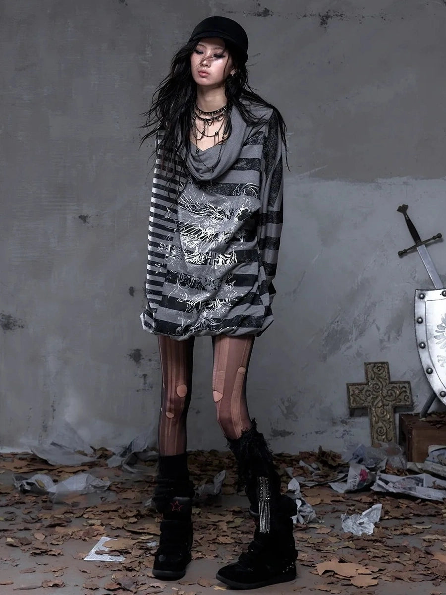 NO ROMANCE Soft Viscose Blend Loose Fit Long Sleeve Printed Black Gray Women Casual Dresses