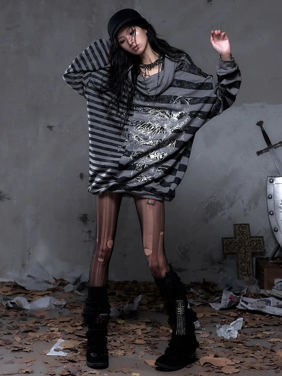 NO ROMANCE Soft Viscose Blend Loose Fit Long Sleeve Printed Black Gray Women Casual Dresses