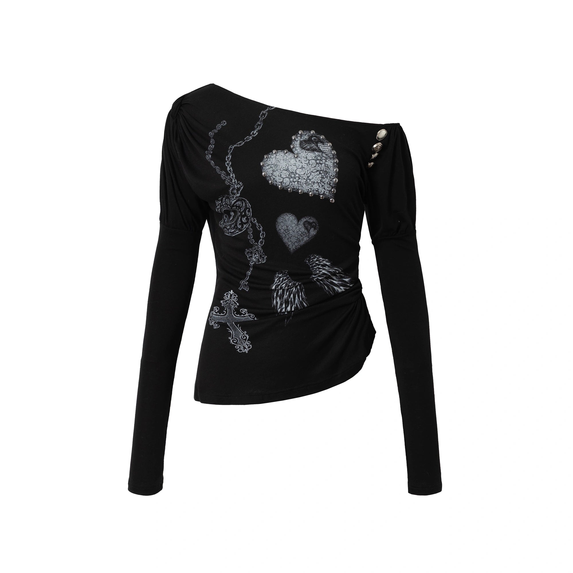 NO_ROMANCE_Stretchy_Knit_Asymmetric_Neck_Slim_Long_Sleeve_Women_Cross_Heart_Graphic_T-Shirt_MISSTT